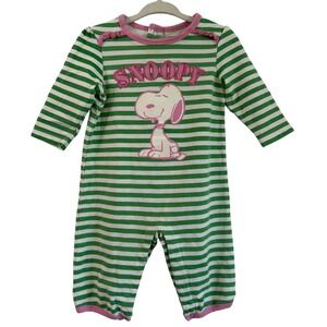 Vintage Snoopy Peanuts Stripped Color Block Romper Girls Pink Green 6 Months